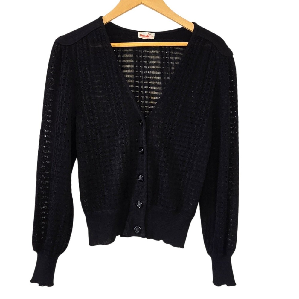 Vintage Mondi West Germany Black Open Knit Cardigan Womens 40 Sheer Button Front